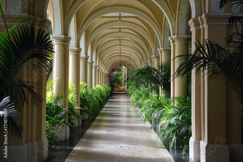 A sophisticated arched passageway adorned with vibrant green plants, creating a serene and luxurious atmosphere.