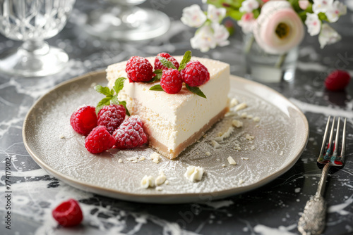Tasty slice of cheesecake  with fruits and nice decoration  mint leaf
