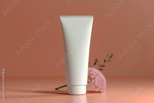 a sleek white cosmetic tube is placed against a soft peach-colored background, with delicate pink flowers and green foliage accentuating its elegance and simplicity.