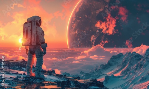 an astronaut standing on a rocky terrain on an alien planet. In the background, there's a massive, red-tinted planet looming in the sky.