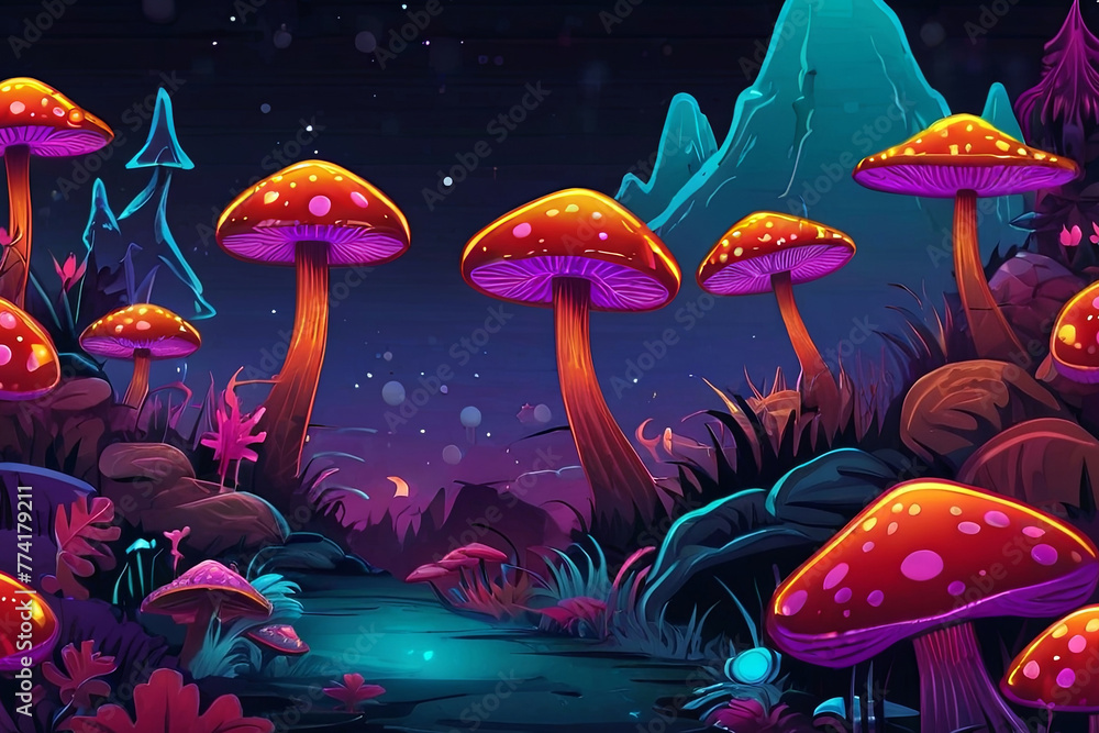 Dive into a fantasy landscape featuring isolated vector-style illustration of neon mushrooms, adding an otherworldly allure to your designs Dive into a fantasy landscape featuring isolated vector-style illustration of neon mushrooms, adding an otherworldly allure to your designs