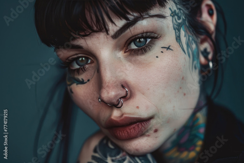 retrato profesional de una persona muy tatuada con con escarificaciones y modificaciones corporales además de tener el pelo de colores con un peinado alternativo photo