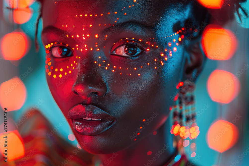 retrato de plano entero de una persona alternativa de raza subsahariana con un vestido rojo tradicional con un fondo texturizado luces de neón efecto de niebla - obrazy, fototapety, plakaty 