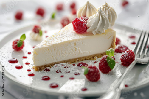 Tasty slice of cheesecake, with fruits and nice decoration, mint leaf