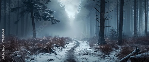 Solitary A distant wintry woodland enveloped in mist with a path winding into unfamiliar territory, Generative AI 