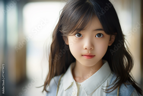 Generative AI image of asian preteen kid in uniform against blurred background