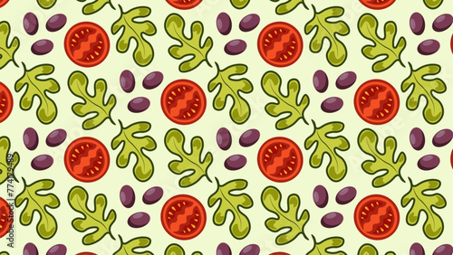 Seamless pattern with tomatoes, olives and lettuce
