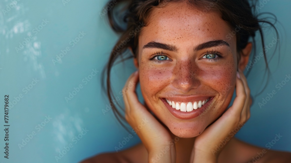Girl with a serene smile facial serum in hand ready to embrace her routine for glowing skin Girl with a serene smile facial serum in hand ready to embrace her routine for glowing skin