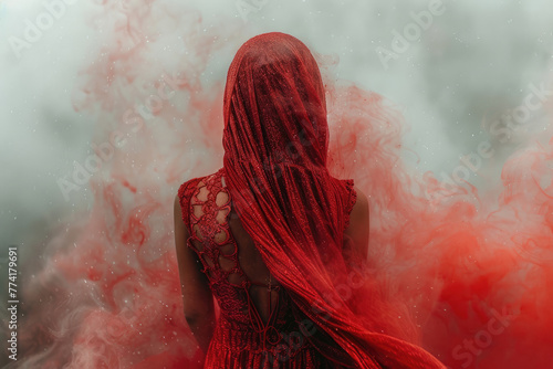 retrato de plano entero de una persona alternativa de raza subsahariana con un vestido rojo tradicional con un fondo texturizado luces de neón efecto de niebla photo