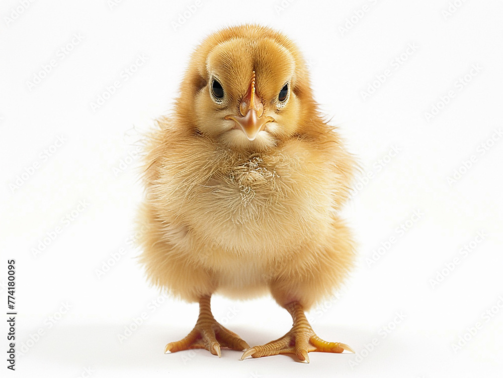 Obraz premium A baby chick isolated on white background. The chick is small and fluffy, with a cute and innocent expression.