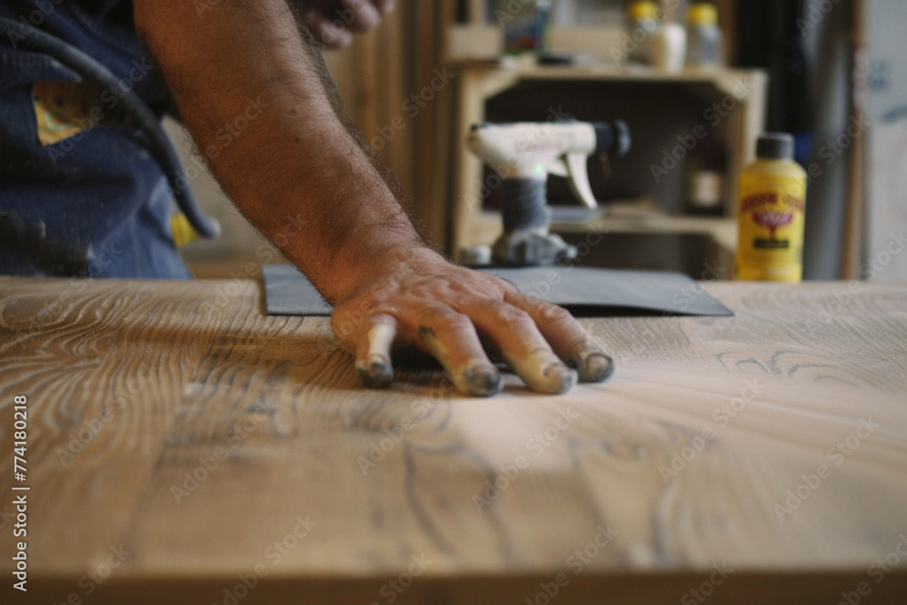 A person applying sanding paper to the surface of an oak wood table