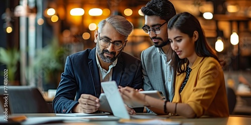 Indian colleagues using a tablet to discuss ideas at work, Generative AI  photo