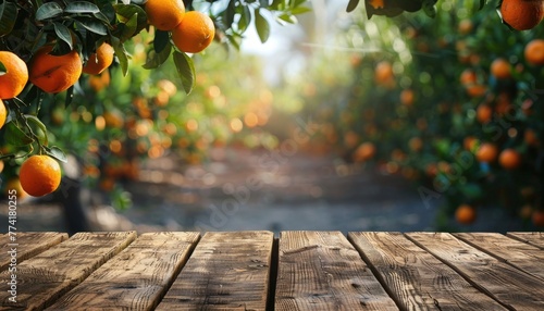 A row of orange trees with a wooden table in the foreground by AI generated image