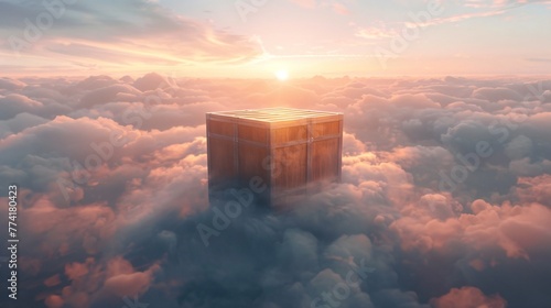 Logistic box descending from the clouds a visual metaphor for the sudden arrival of unforeseen opportunities photo
