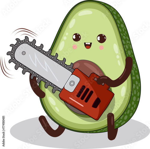 Cute cheerful avocado psychopath with a chainsaw. Fruit character. Vector flat style.