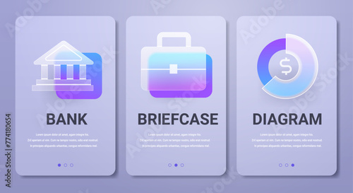 Financial mobile app pages in glassmorphism style. Vertical Banking banners set.