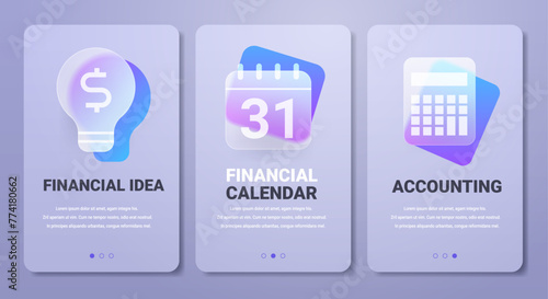 Accounting mobile app pages menu in glassmorphism style. Financial calendar and idea vector banners set.