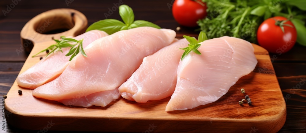 Fresh chicken breasts are placed on a wooden cutting board, surrounded by ripe tomatoes and aromatic herbs