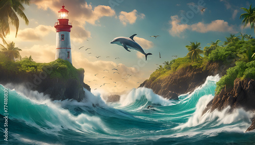 Lighthouse on a hill with stormy seas 