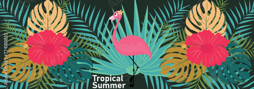 Summer tropical nature poster, web banner, cover, card with Tropical leaves, plants and flamingo. Vector modern floral illustrations  print, palm leaf, monstera, fern,  for background, label or banner