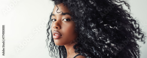 Beauty Portrait of an African American Woman with Flowing Curly Hair