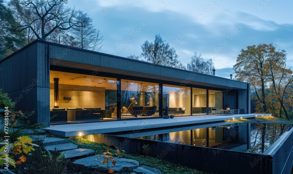 Minimalistic house with big windows surrounded by nature Minimalistic house with big windows surrounded by nature