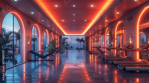 Futuristic gym facility interior aesthetic