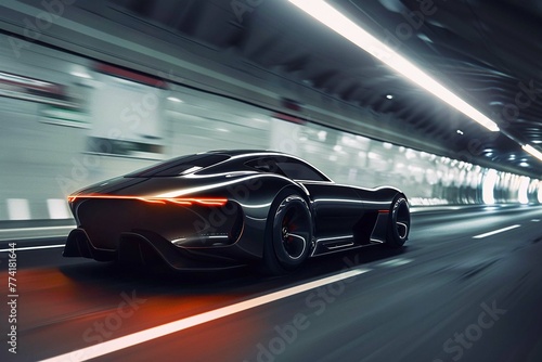 A sleek modern car driving fast through an illuminated tunnel.