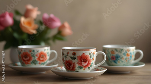 Cup of coffee on a wooden background against the blurred floral background with lots of colorful flowers.generative.ai