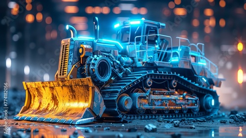 Bulldozer, Construction equipment conception, futuristic background