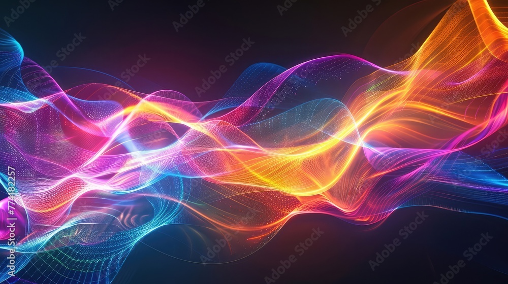 Vibrant Neon Wave in Abstract Space: A dynamic blend of light, energy, and motion, creating a mesmerizing rainbow wave pattern with glowing lines and vibrant colors, perfect for a futuristic and tech