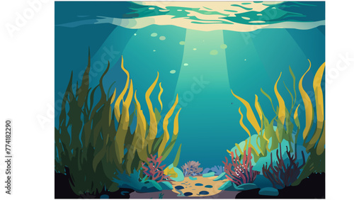 Sea underwater background. Ocean bottom with seaweeds. Vector marine scene