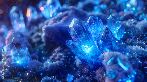 A close-up of a cluster of teal crystals in various shapes and sizes.
