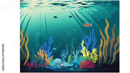 Sea underwater background. Ocean bottom with seaweeds. Vector marine scene