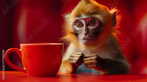 Curious monkey enjoying a moment with a cup of coffee in a vibrant red setting © john