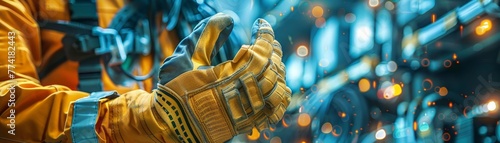Work gloves, Construction equipment conception, futuristic background photo