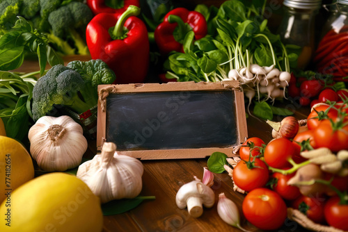 Hintergrund mit Gemüse und Tafel ohne Text