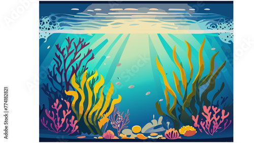 Sea underwater background. Ocean bottom with seaweeds. Vector marine scene