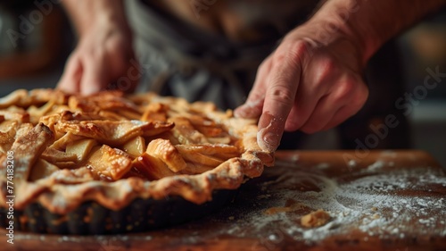 Close-up of hands finalizing an apple pie, sprinkling sugar on top photo