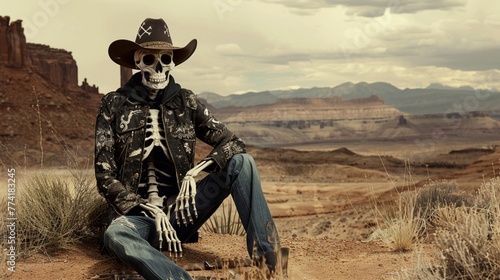 A skeletal figure dressed in western attire posing in a desert landscape © Creative_Bringer