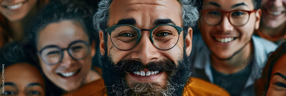 Diverse group of people wearing glasses and smiling at camera, one man with beard Diverse group of people wearing glasses and smiling at camera, one man with beard