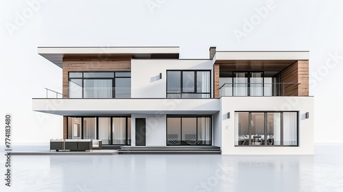 Craft an image of a stylish modern house presented through a 3D rendering against a white background © lara