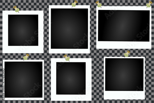 Realistic Polaroid  photo frame mockup set. Isolated frame card vintage photography on transparent background. Empty retro snapshot image with white frames. White paper border. Vector  illustration.