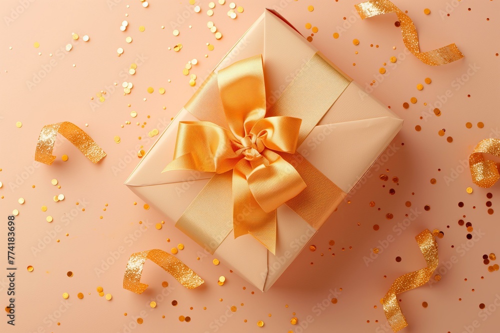 pastel peach present with a beautiful golden ribbon on a pastel peach background with golden foil confetti pastel peach present with a beautiful golden ribbon on a pastel peach background with golden foil confetti