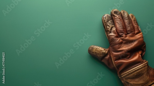 A single brown leather glove lying on a green background photo