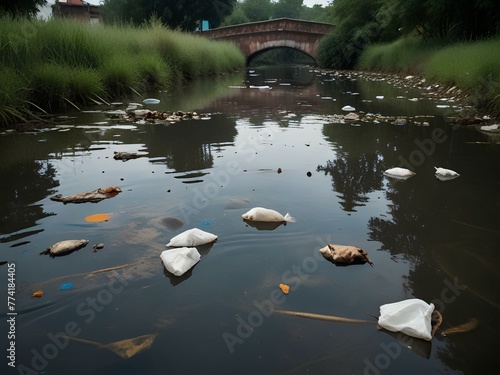 Rotten plastic bag garbage Was dumped into rivers and canals. The rivers and canals are polluted and smell bad because of the garbage that is thrown into the rivers and canals.