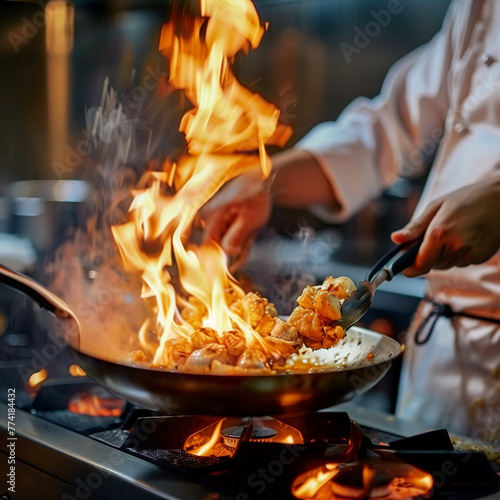 Close-up Professional chef hands cook food with fire in kitchen at restaurant.