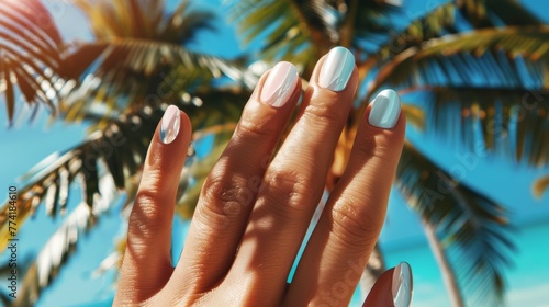 close-up of a woman's hand with a manicure on the background of a palm tree, summer manicure photo