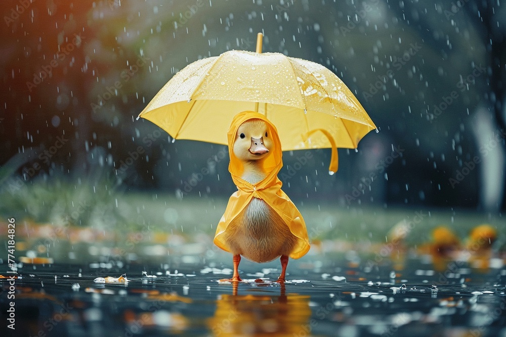 Adorable duckling dressed in a yellow raincoat under an umbrella