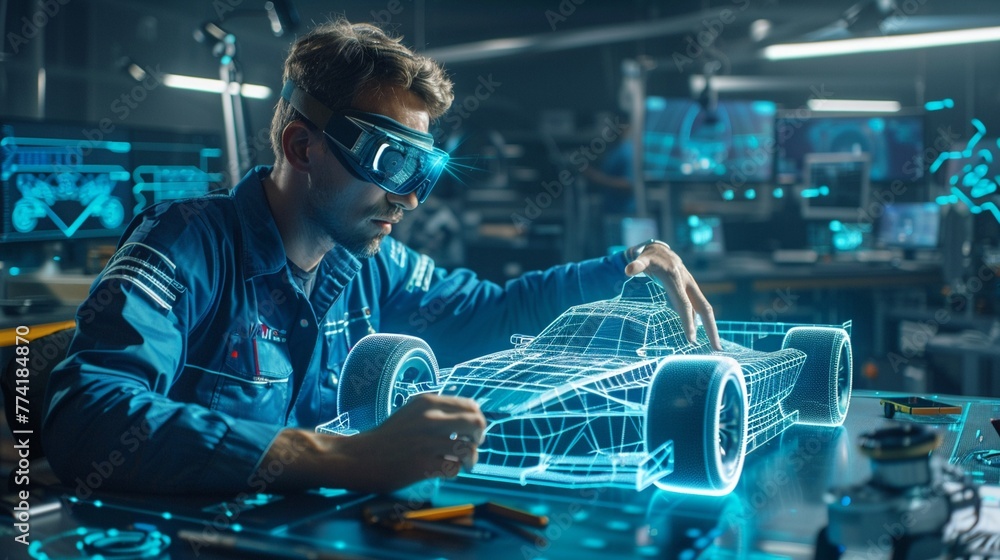 An engineer designing a holographic race car model with virtual reality technology in a futuristic setting.